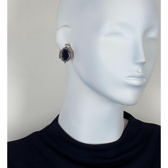 Vintage Black Faceted Stone & Silver-Tone Clip-On Earrings Signed "Best" - Picture 2 of 8